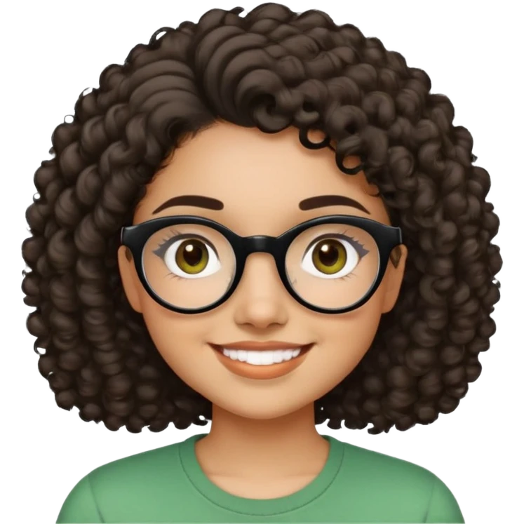 Young Latina woman with light brown skin. Round friendly face. Dark brown eyes with black-framed glasses. Thick arched eyebrows. Short voluminous curly hair. Big smile showing dimples. Wearing a green casual top. emoji