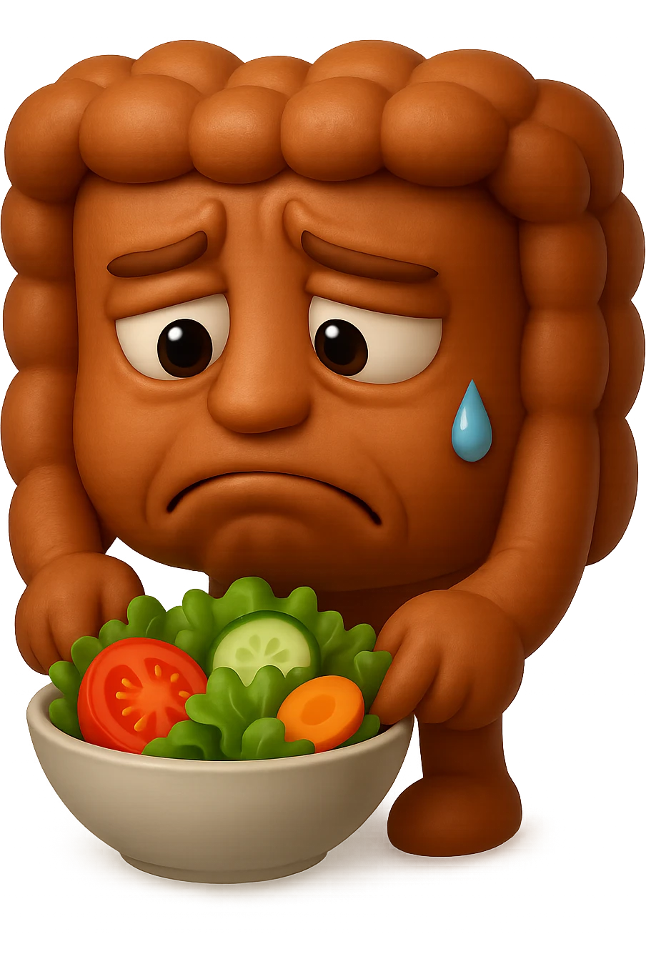 EMOJI STILE IPHONE DI UN INTESTINO UMANO ANATOMICO CHE GUARDA UN INSALATA CON ESPRESSIONE TRISTE E RASSEGNATA IN VOLTO: SOFFRE LA FAME PERCHé è A DIETA, FAGLI ANCHE LA PARTE BIANCA DEGLI OCCHI, NON SOLO LE PUPILLE, IPERREALISTICO 4K emoji