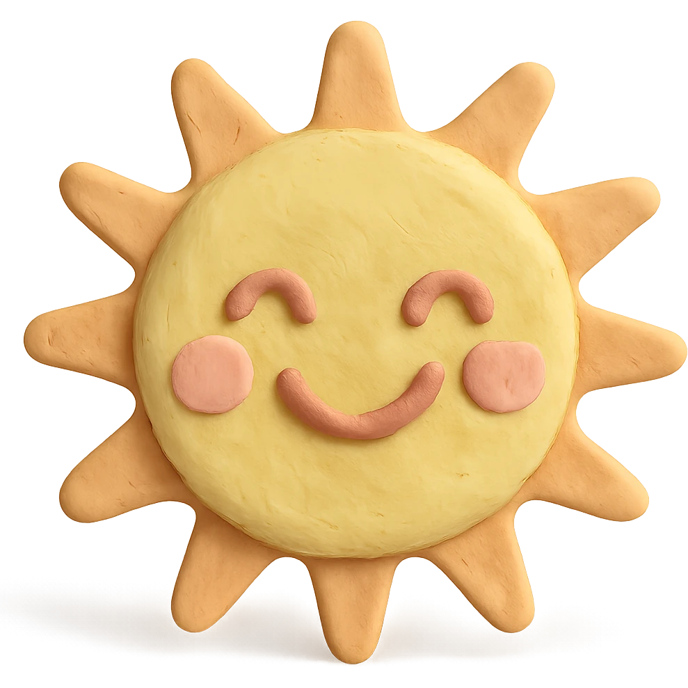 smiling sun with a face, pastel colors, visible fingerprints, matte plasticine claymation style emoji