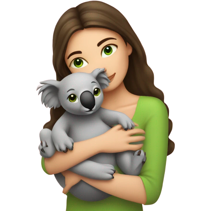 brunette women with green eyes holding a koala and kissing him with pink hearts all around  emoji