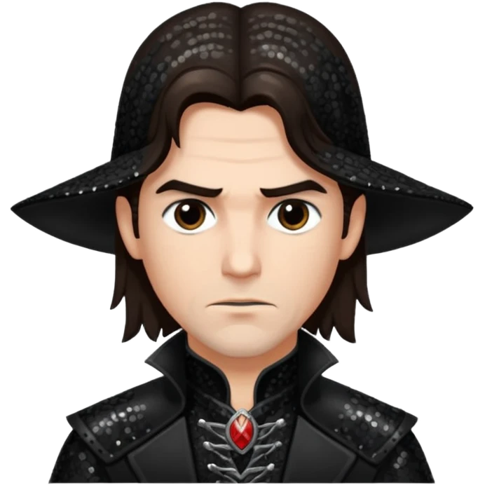 Gabriel Van Helsing from Van Helsing with long dark brown hair, black sequin outfit emoji