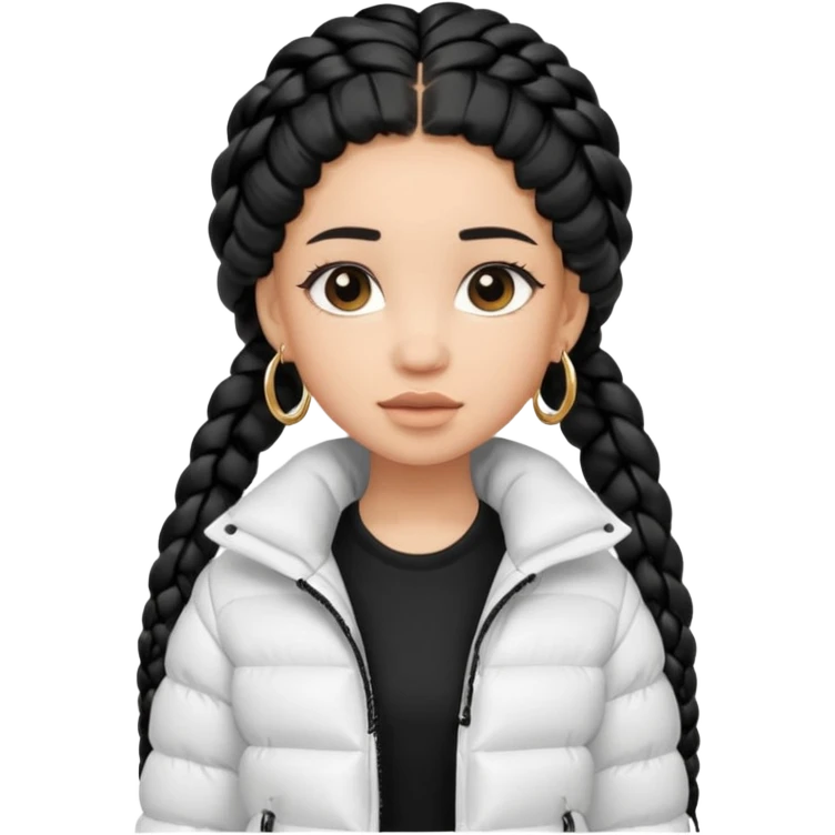 generate a pretty bratz girl with a WHITE puffer jacket, hoops, long braided hair black emoji