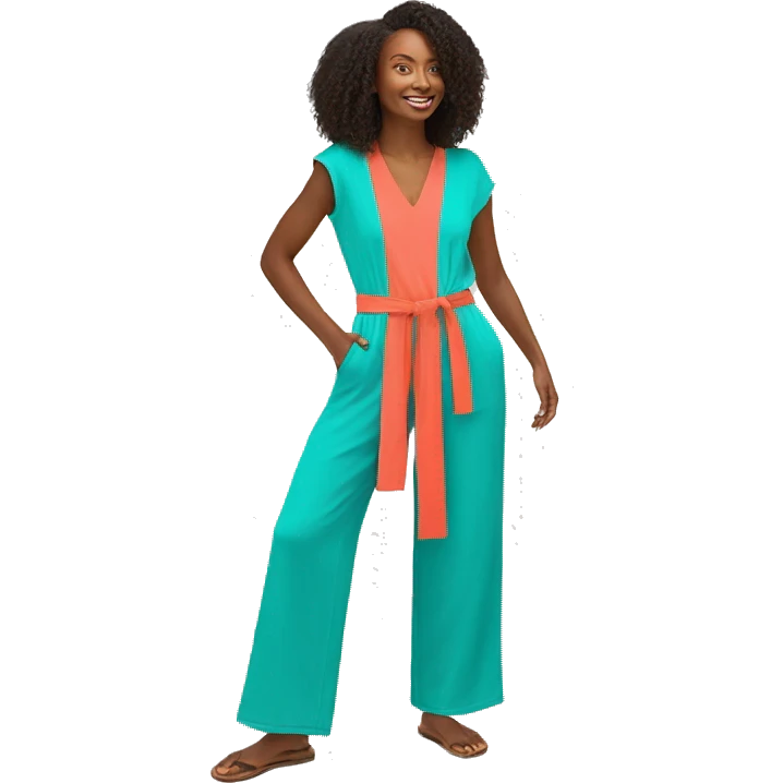 Vibrant jumpsuit with adjustable waist, V-neck, wide legs, and made from organic cotton in bright, bold colors like coral or turquoise. emoji