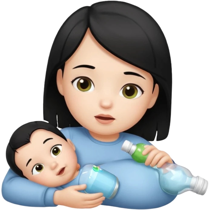 A baby with black hair holding a bottle while laying down emoji
