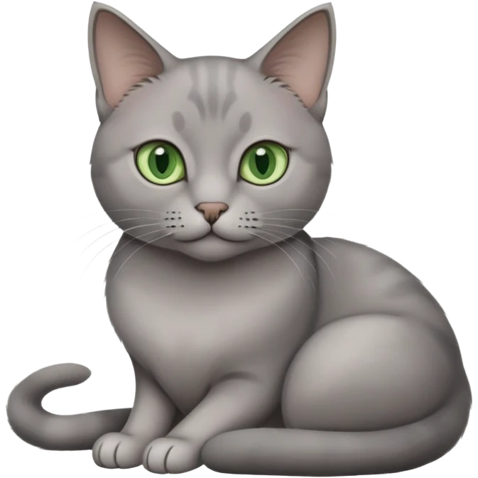 Elegant gray cat with smooth fur, large green eyes, serene expression, sitting facing camera emoji