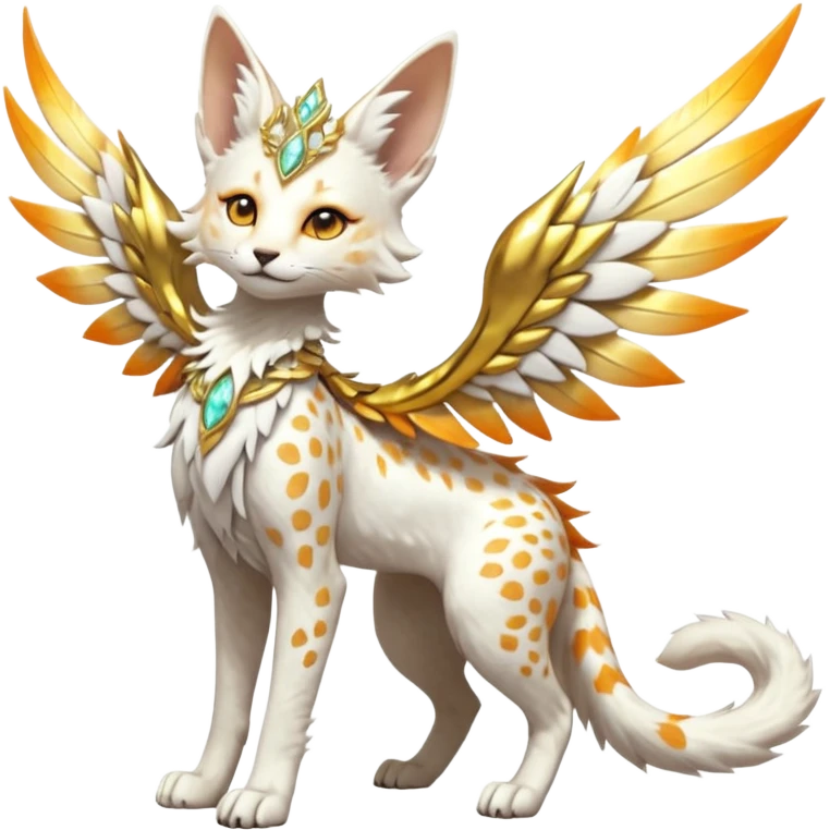 Epic complex fantasy glorious detailed futuristic divine godly angelic feathery sunny, white, albino, pastel, golden, orange glowing sparkly, realistic Fakémon-Sprigatito-Floragato-Meowscarada-Trico-Sergal-Serval-Solgaleo-Vernid-creature (full body) solarpunk, shiny sparkly with a gold laurel emoji