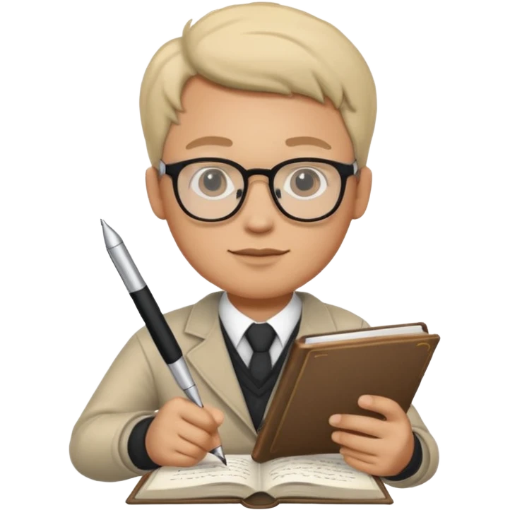 man hold a pen in hand write in book , wearing glasses emoji