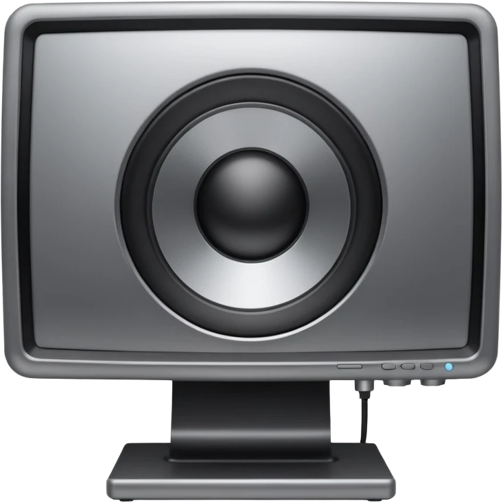 Minimal emoji icon of a modern metallic studio monitor, front view, detailed geometry, dark metallic body, subtle highlights, isolated emoji