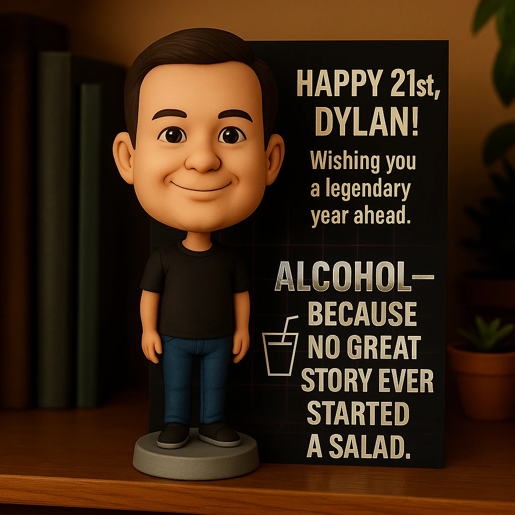 Add a birthday message: 'Happy 21st, Dylan! Wishing you a legendary year ahead.' Keep Dylan as a bobblehead character, minimal neon grid background, one drink icon, bold chrome text for the quote, and maintain the clean, balanced layout in the bobblehead style emoji