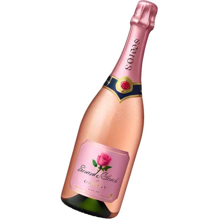 bottle of sparkling rosé champagne with a rose logo on the label, tilted up and to the left, no glass emoji