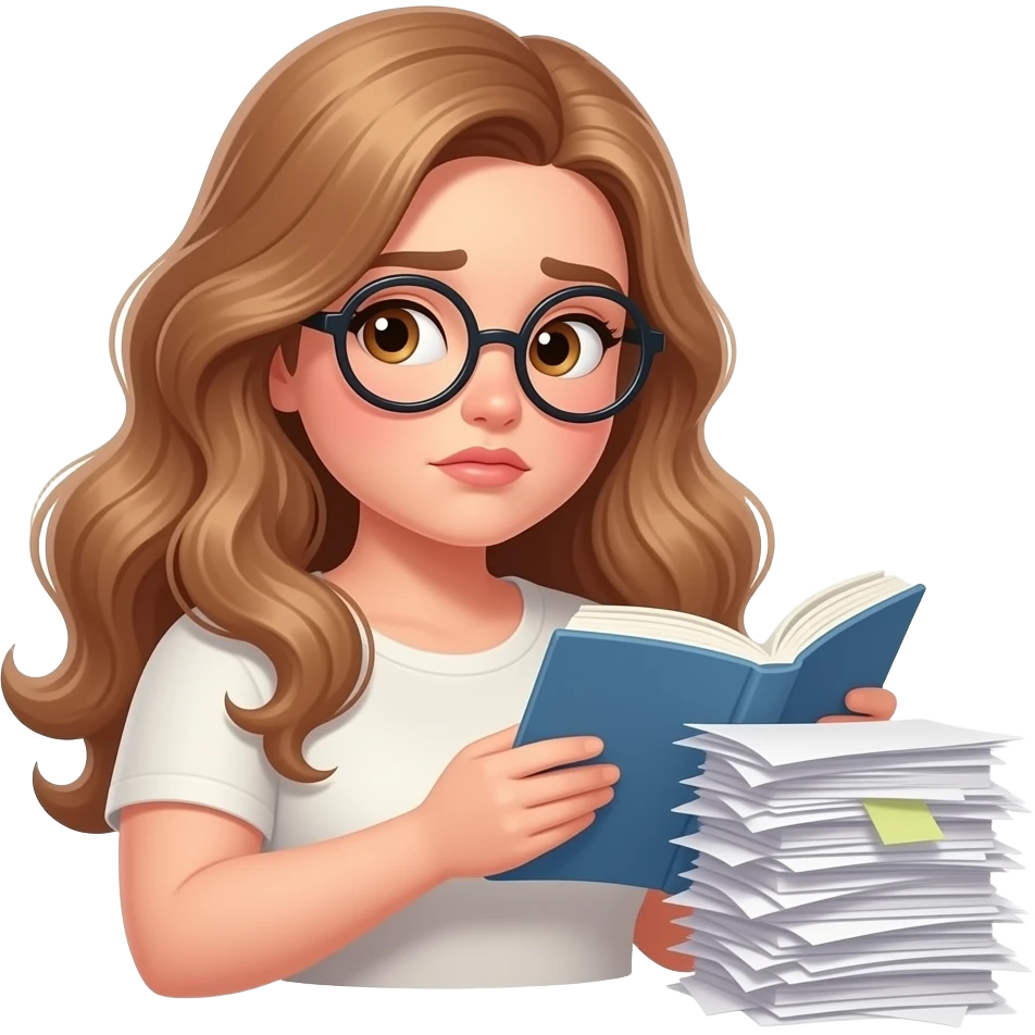 detailed emoji illustration of a curvy woman with long light brown wavy hair, light brown eyes and round glasses reading a book while ignoring a pile of tasks or papers beside her, procrastination reader mood, cute emoji style emoji