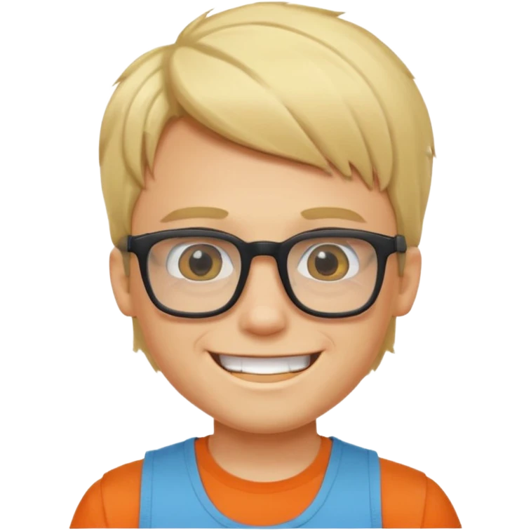 portrait of boy, wearing a tank top, square glasses, grinning face, blond hair emoji
