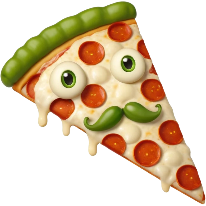 Make a photo of a pizza with pepperonis from eyes and mushroom from the nose and green bell pepper from the mouth and mustache emoji