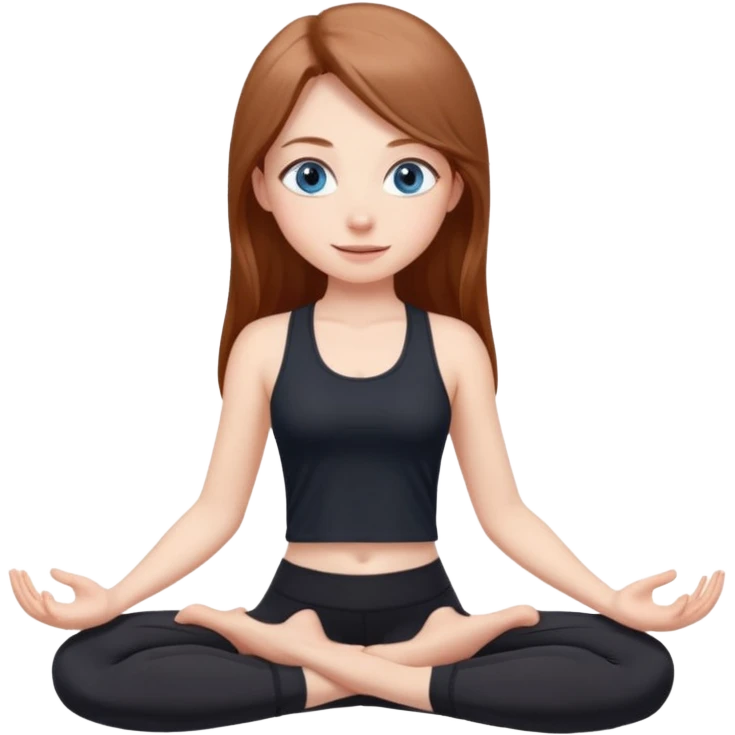 A girl with fair skin and a natural blush. Eyes are large, expressive, blue. Hair is long, straight, chestnut-colored. Smile is soft, friendly, does yoga in a black top and leggings emoji