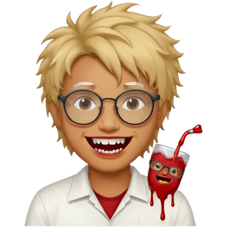 Cabelo bagunçado com oculos sorrindo com metade do rosto com dente de ouro e saindo sangue da boca  emoji