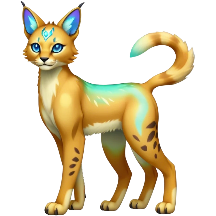 An iridescent transparent luminescent colorful fantasy-lynx-caracal-serval-fakemon-Digimon-creature-hybrid full body emoji