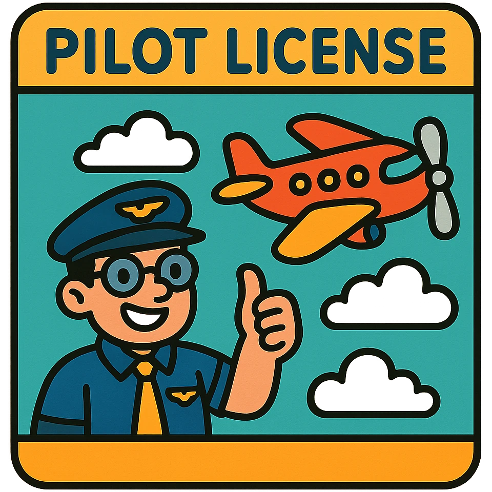 playful pilot license design with cartoon airplane and clouds emoji