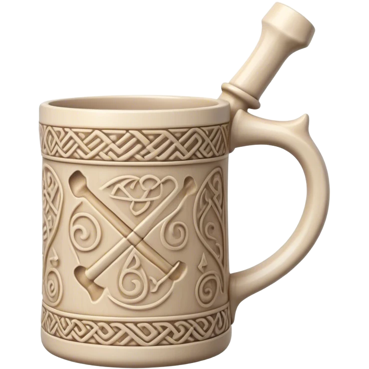Scandinavian carving icon, bone mug or vase with intricate Norse patterns, chisels and carving tools nearby, minimalistic style, clean lines, transparent background. emoji