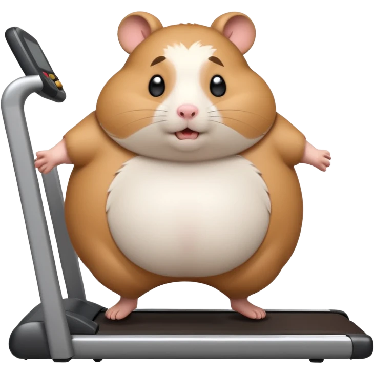 fat hamster big belly trying to run on treadmill sideways desperately trying to catch up with speed emoji
