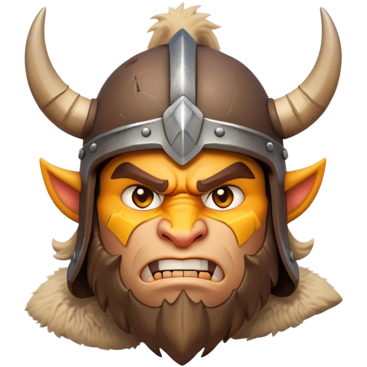 Clash of Clans aesthetic: Cinematic Fierce Barbarian Portrait Emoji, Poised and bold with a rugged yet cartoonish build in tattered furs and a horned helmet, his face rendered in a natural skin tone (not yellow), expressive bright eyes and a confident smirk, Simplified yet dynamic features, highly detailed, glowing with a vivid, adventurous aura, high shine, heroic and spirited, stylized with an air of medieval warrior charm, focused and energetic, soft glowing outline, capturing the essence of a fearless barbarian adventurer ready to lead his clan with spirited valor! emoji