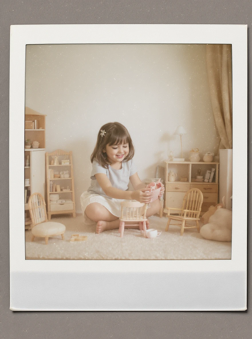 smiling girl arranging furniture in doll house emoji