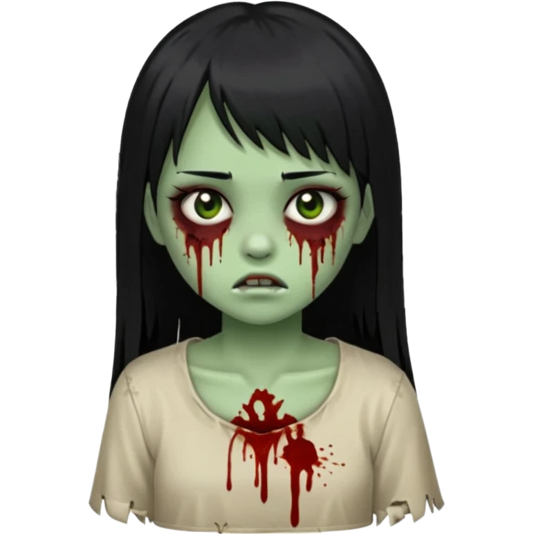 Emoji de uma garota com os cabelos longos, lisos e pretos. Ela usa uma franja curta que cobre toda a sua testa. Tem a pele esverdeada e ferimentos no rosto cobertos com sangue, usa uma blusa branca rasgada e suja de poeira. Ela é uma zumbi emoji