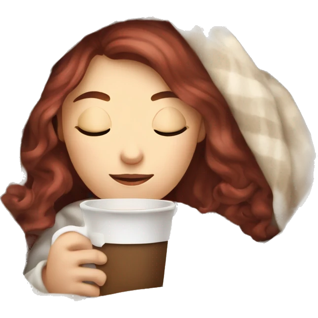 pale burgundy haired girl inside a blanket sipping coffee eyes closed emoji