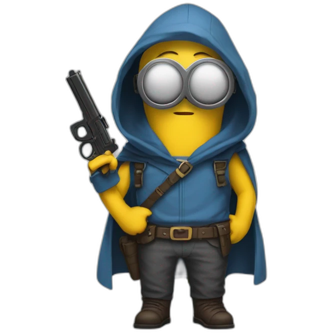 no face normal minion with glasses in hood in blue sleeveless shirt with with raised hands and pistols in each with a gold insert on the belt in gray pants and leather boots emoji
