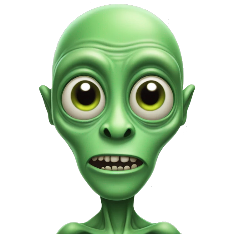 green alien named oober schlort with big forehead and cheek bones and big lifeless eyes emoji