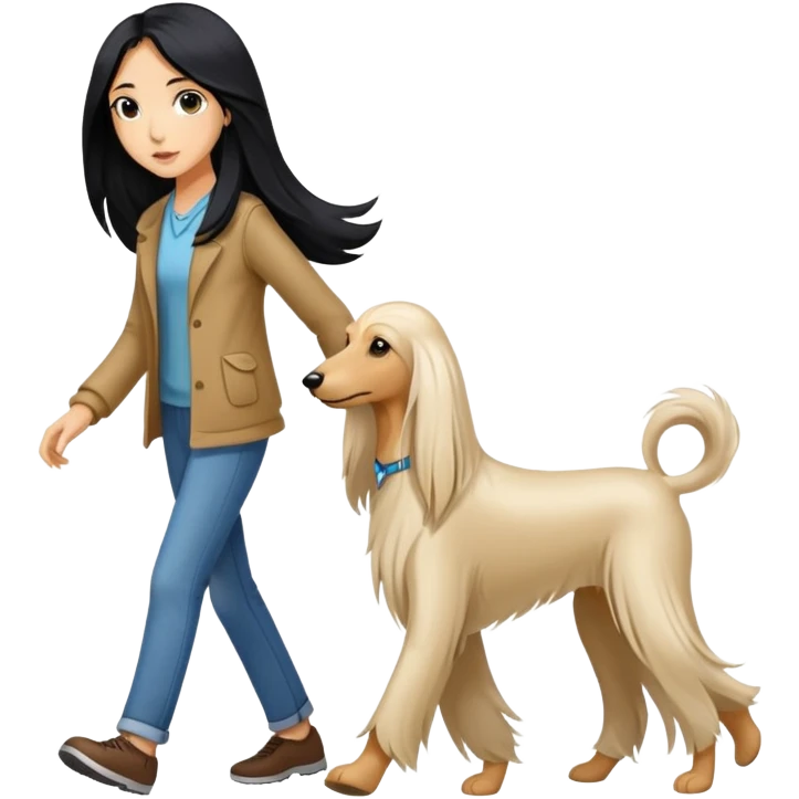 A girl with long black hair walks a light-colored Afghan hound emoji