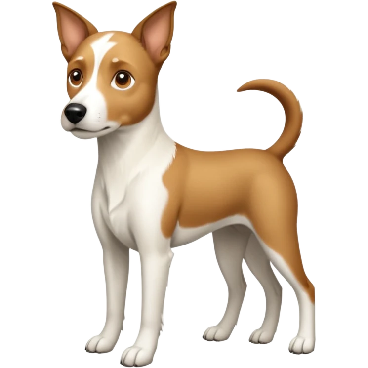 a full body large white parson russell looking dog the size of a kelpie with light brown flapped down ears and a light brown patch on one eye and a large snout emoji