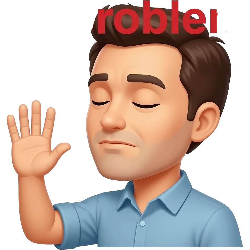 a man with closed eyes chin up facing sideways waving his hand dismissively with the word "No problem" written over his head in red emoji