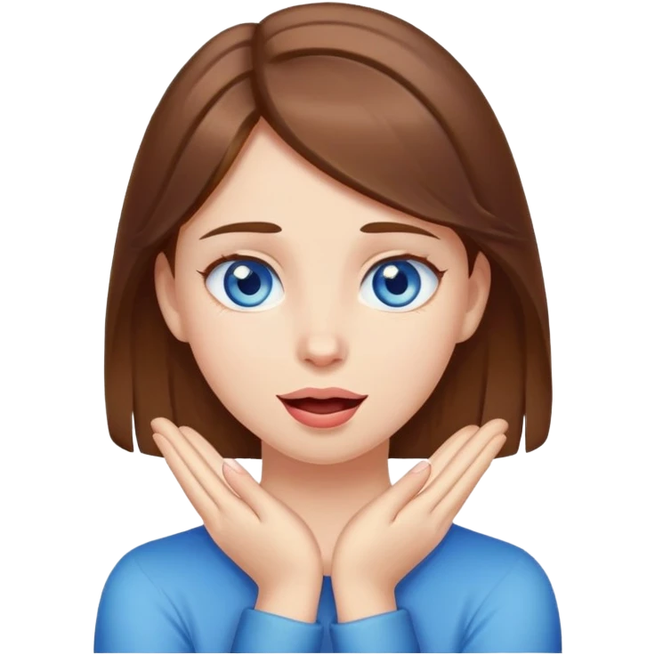 A blue eyed brown haired girl with hands crossed on her neck and tongue out emoji