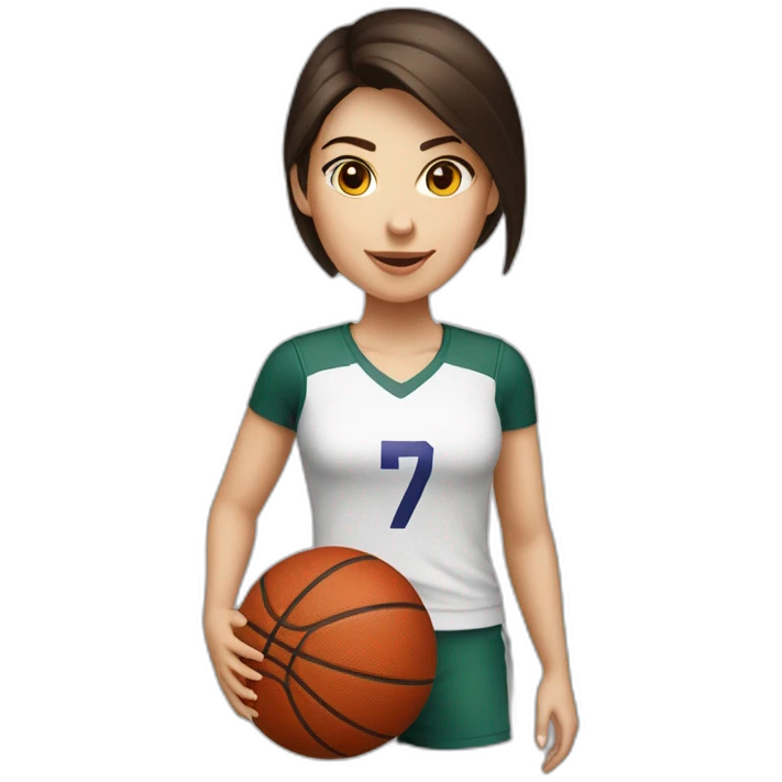 White skin brunette female playing football with very small basket ball emoji