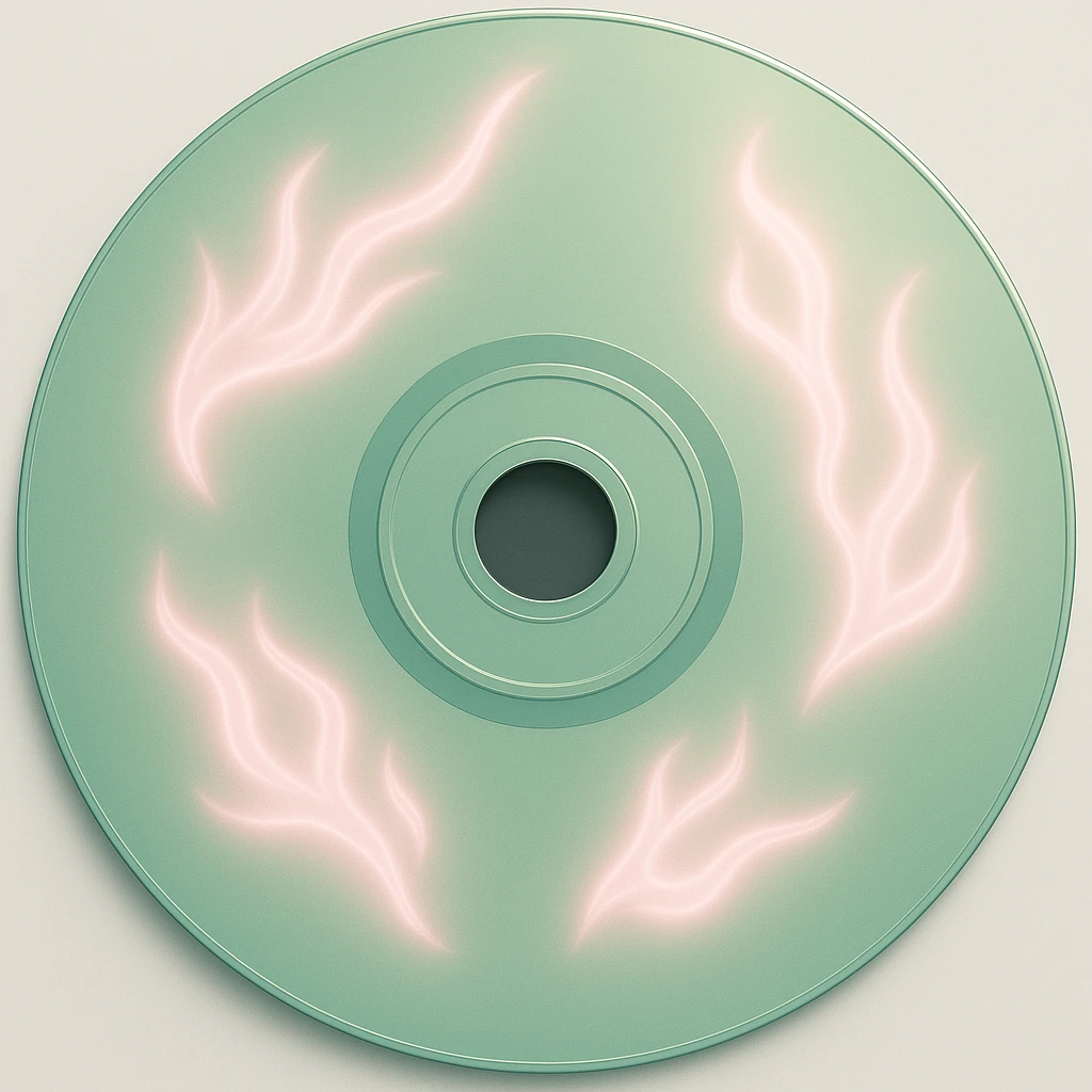 A minimalist CD disc with subtle pink flames, glowing effect, variation 2, color: green, larger CD size emoji