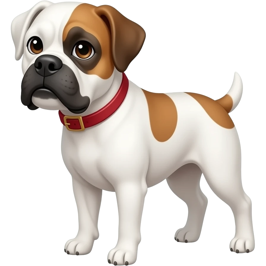 Torso only brown patch on eye heavy muzzle all white muzzle head tilted Female all white boxer dog middle aged  brown patch on right eye emoji