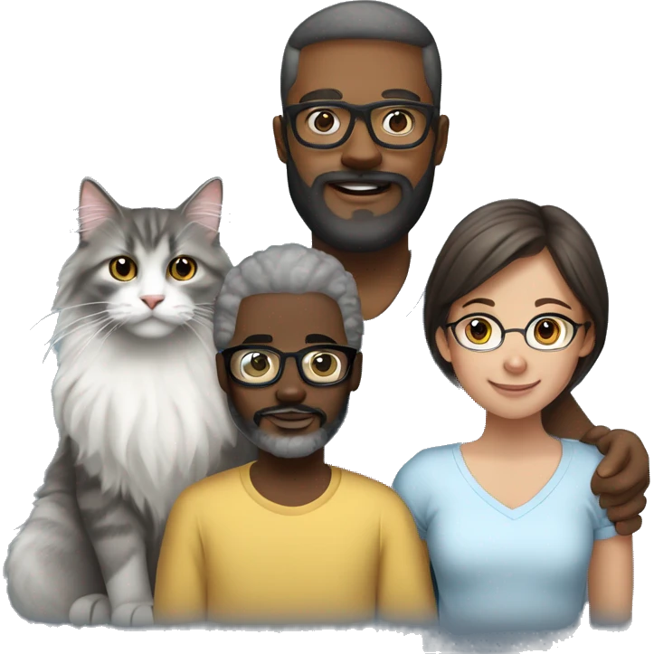 black dad with beard and glasses, white brunette mom, mixed two year old daughter and a grey norwegian forest cat emoji