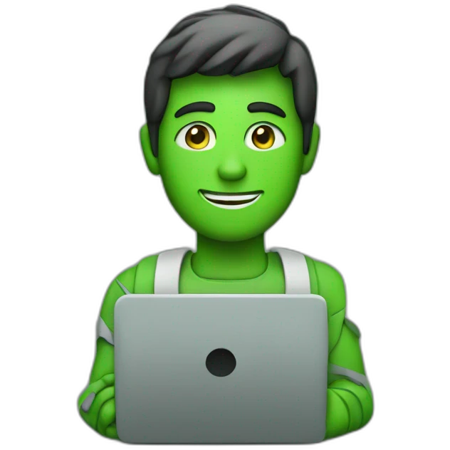 a man with a laptop, green stones in the background emoji