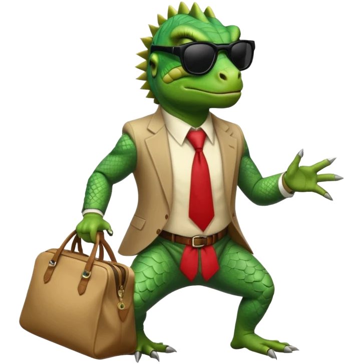 capitalist iguana banker godfather with black sunglasses breakdance with bag emoji