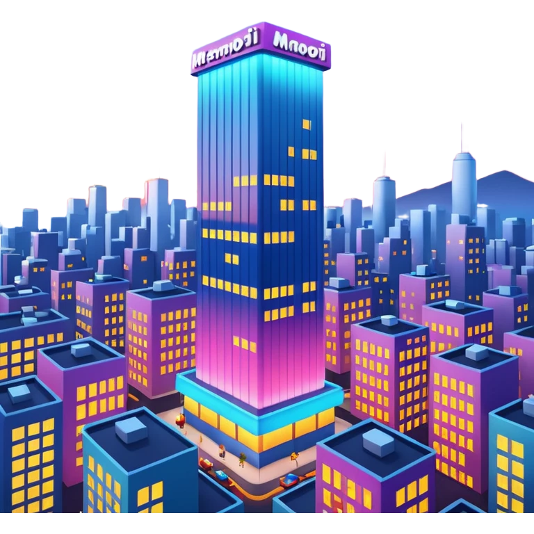 A 3D cartoon city billboard mounted on a tall building, glowing lights at dusk, realistic reflections, Memoji-style. emoji