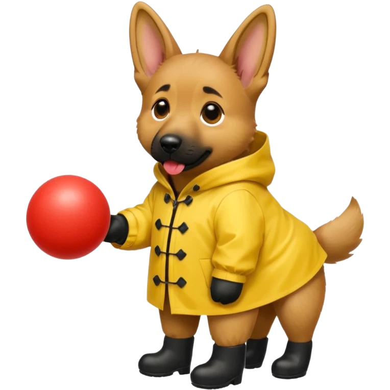 german shepherd wearing yellow raincoat that says “mochi” with black booties and a red ball in the mouth emoji