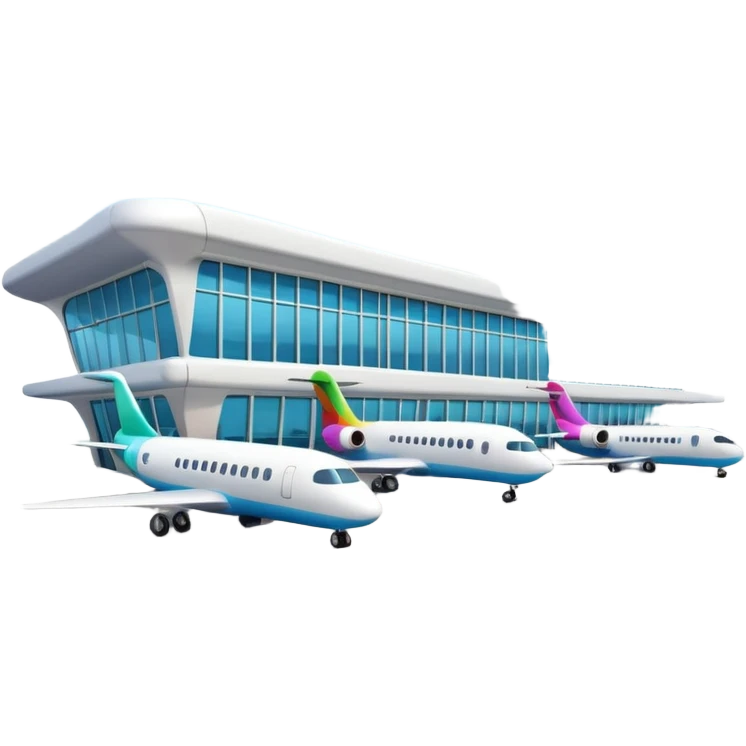 A 3D cartoon airport terminal building with glass windows and airplanes nearby, clean lighting, Memoji-style rendering. emoji