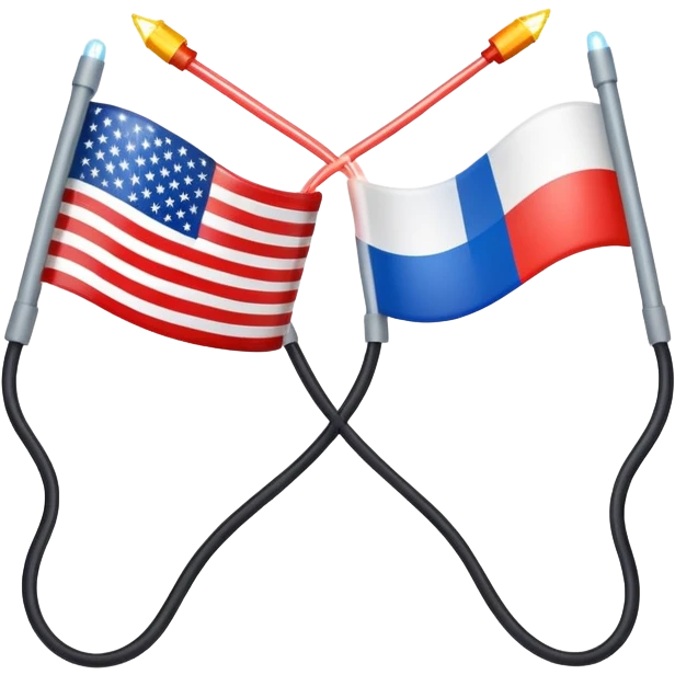 symbolic hot wire connecting Russia and USA with Russian and US flags at each end, glowing wire in the middle, tense atmosphere emoji