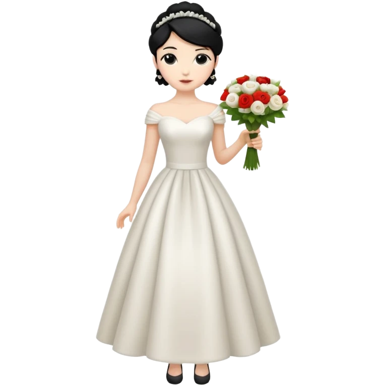 Chica blanca,cuerpo entero, vestido boda semilargo, pelo negro y recogido ramo de flores emoji