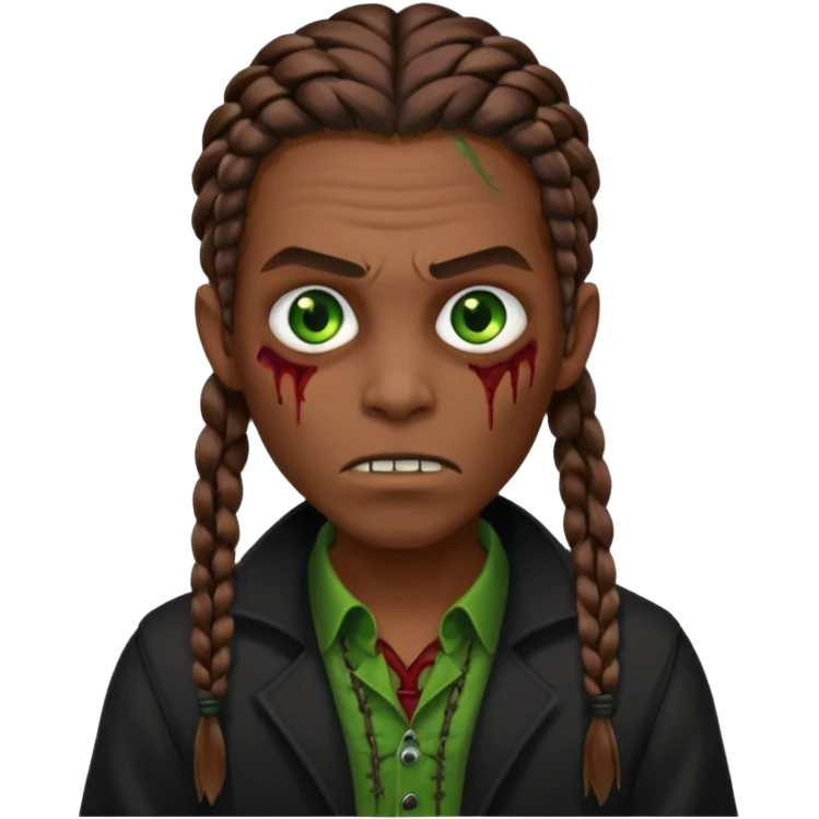 Glued braids men zombie with brown hair color and green eye color, with dark vampire clothes, brown skin emoji