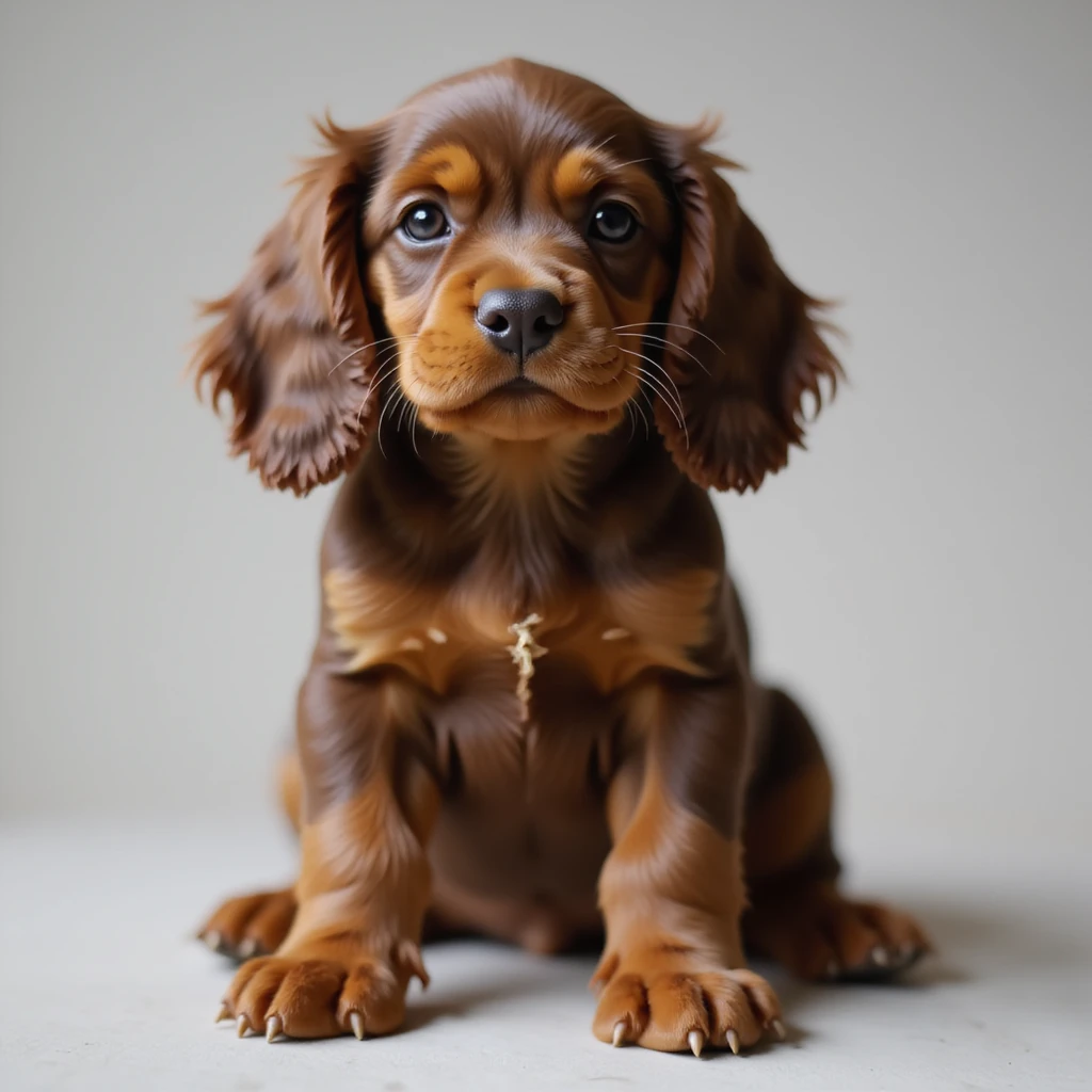 realistic chocolate tan English cocker spaniel puppy, sitting, fluffy ears, cute expression, photorealistic style emoji