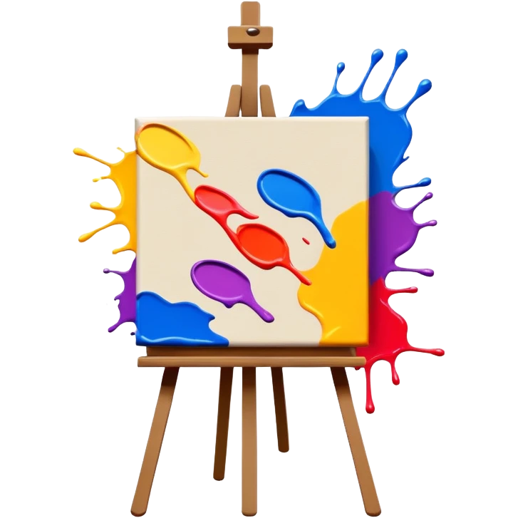 canvas on an easel with bright paint strokes, fun and inviting emoji