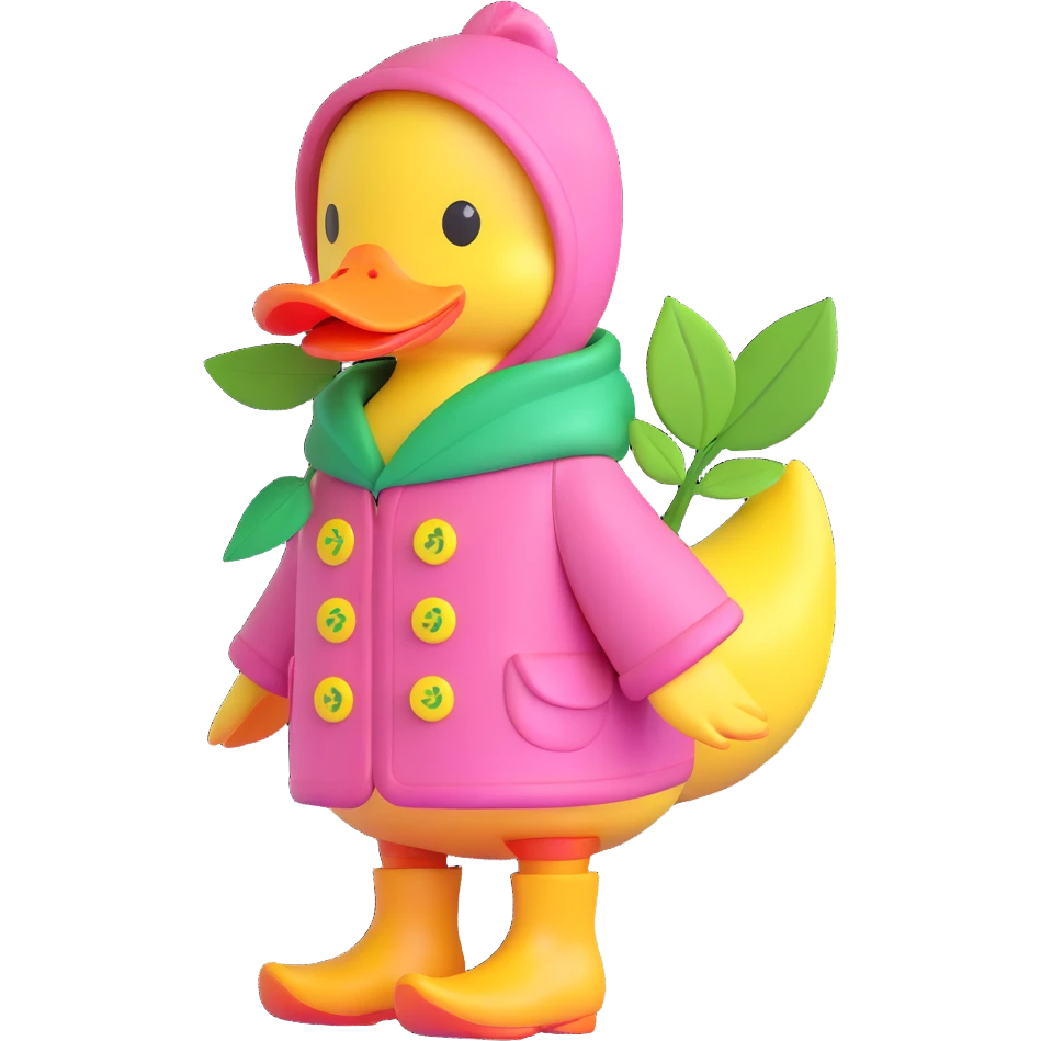 A duck wearing a pink hooded coat with green buttons and a green leaf on the chest, and yellow boots. emoji