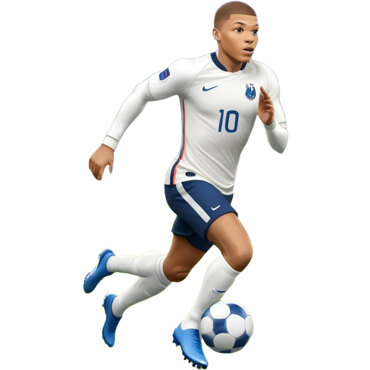 An icon showing Kylian Mbappé running with the ball on a football field during a match. The design captures his speed and focus, with dynamic motion lines and a vibrant background of the field and stadium lights. Transparent background emphasizes the action. emoji