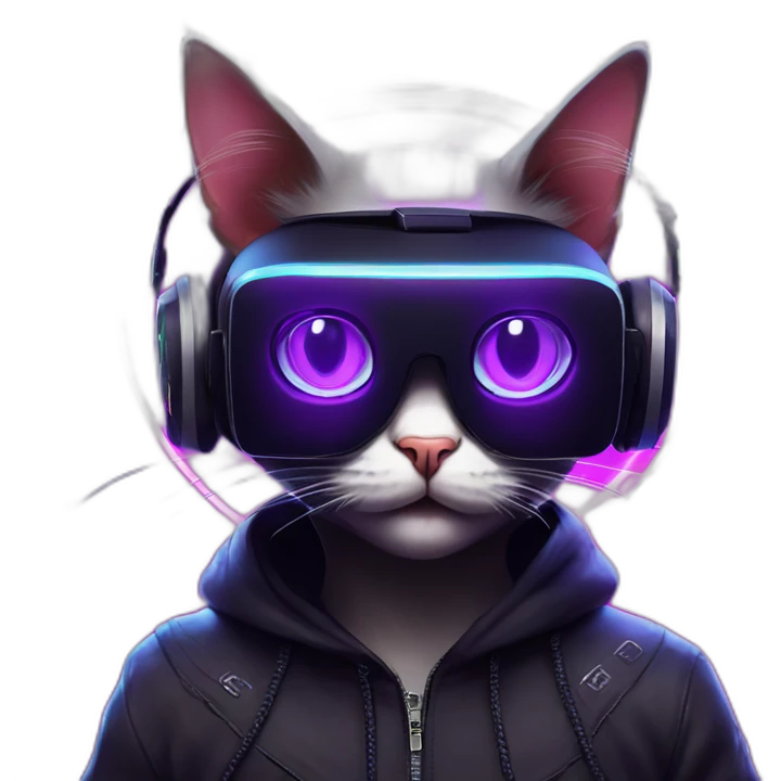 cat wearing a black hoodie with "OMG" letters on it and VR headset in a cyberpunk VR environment with violet neon lighting. emoji